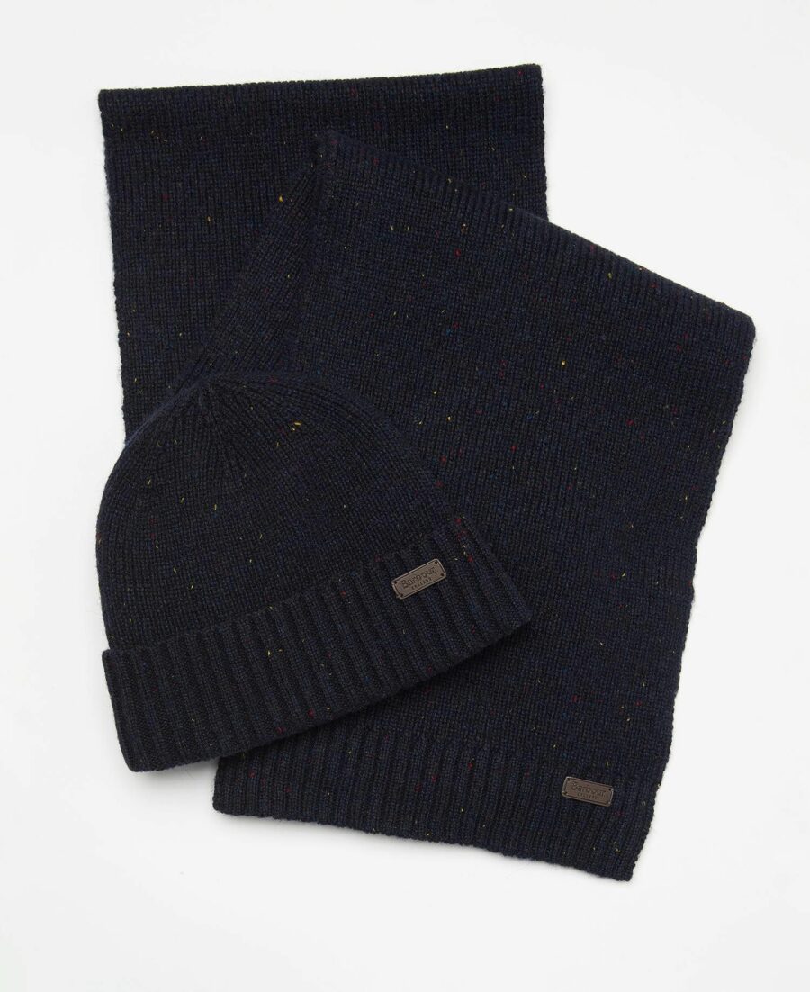 Barbour Carlton Fleck Beanie & Scarf Gift Set-Navy