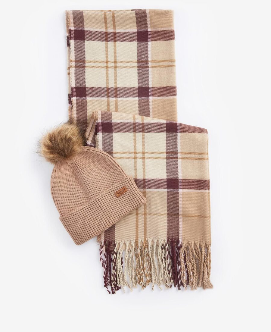 Barbour Dover Beanie & Hailes Scarf Gift Set- Muted Cabernet