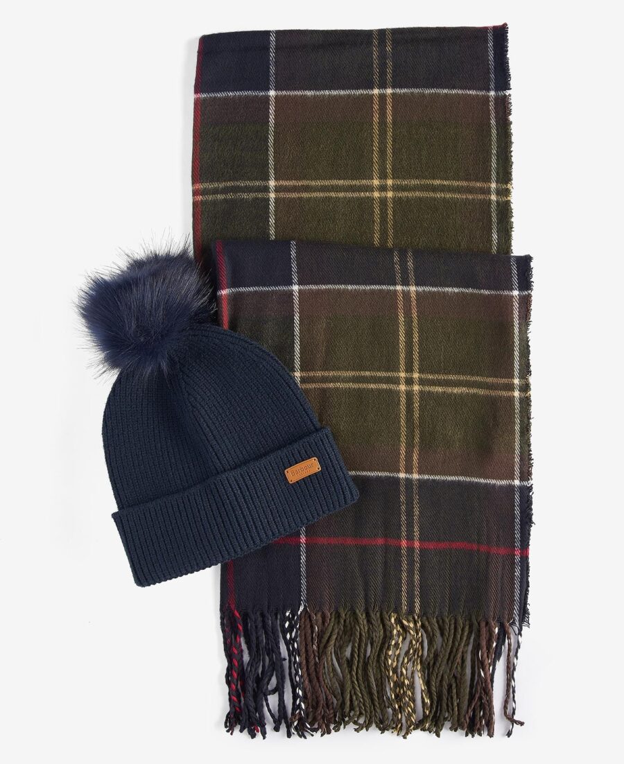 Barbour Dover Beanie & Hailes Scarf Gift Set- Classic Tartan